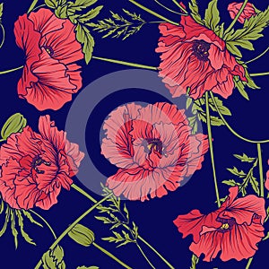 Seamless pattern with pink and red poppy flowers in botanical st