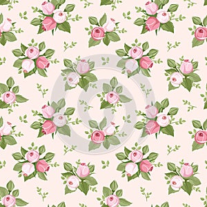 Seamless pattern with pink rose buds and leaves.