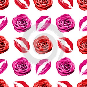 Seamless pattern pink rose flower and red lipstick kiss print on white background isolated, roses flowers and lips makeup stamp