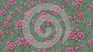 Seamless pattern with pink roses on a green background. Cute watercolor floral seamless pattern. Floral illustration. Botanical