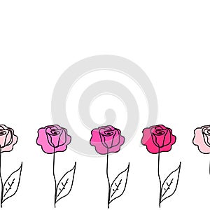 Seamless pattern pink roses isolated on white background. Simple outline stylized floral frame, vector eps 10