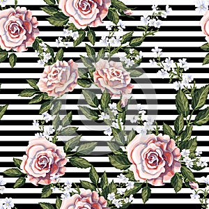 Seamless pattern with pink roses, leaves and white flowers. Vector illustration.