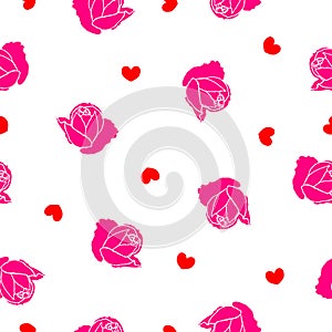 Seamless pattern pink roses and red hearts on white background. Floral Valentine day print, eps 10