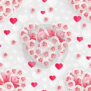 Seamless pattern of pink roses in the shape of a heart, craft paper hearts hanging on a thread. Illustration for design Valentine