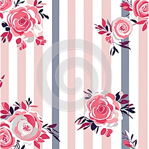 Seamless pattern with pink roses and stripes.  Generative AI