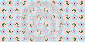 Seamless pattern, pink sakura cherry blossom flowers and branches, on checked pink and blue, vector