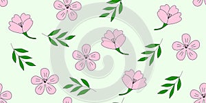 Seamless pattern with pink sakura or cherry blossom flowers and branches, on green, vector