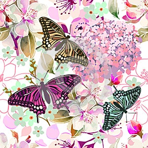 Seamless pattern of pink sakura flowers with butterflies. hand drawing. Not AI, Vector illustration