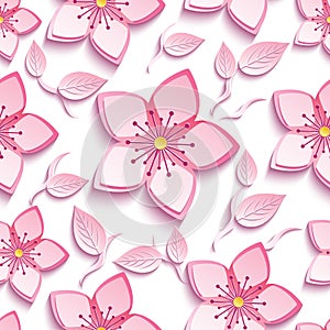 Seamless pattern with pink sakura and leaves