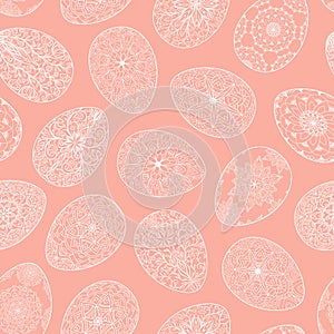 Seamless pattern of pink silhouette Easter eggs with floral patterns, mandala, flowers. Hand drawn spring ornate illustration at