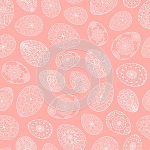 Seamless pattern of pink silhouette Easter eggs with floral patterns, mandala, flowers. Hand drawn spring ornate illustration at
