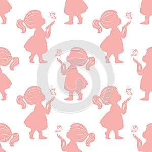 Seamless pattern, pink silhouettes of a cute little girl with a butterfly in her hands. Print, background