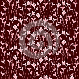 seamless pattern with pink watercolor leaves on bordo background, ginkgo leaves, seeweed leaves