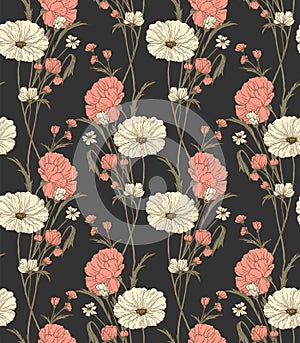 A seamless pattern of pink and white flowers