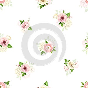 Seamless pattern with pink and white flowers. Vector illustration.