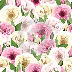 Seamless pattern with pink and white lisianthus flowers. Vector illustration.