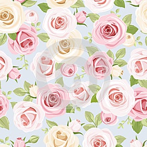 Seamless pattern with pink and white roses on blue. Vector illustration.