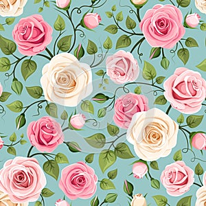 Seamless pattern with pink and white roses on celadon. Vector illustration