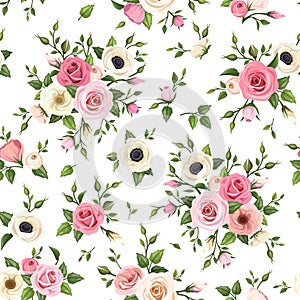 Seamless pattern with pink and white roses, lisianthus and anemone flowers. Vector illustration.