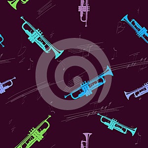 Seamless pattern with pipes and musical notes background. Decorative vector background with a musical theme