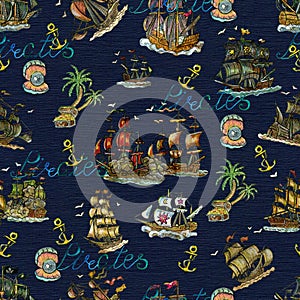 Seamless pattern with pirate adventures concept, old sailboats, anchor, lettering and treasure island on blue