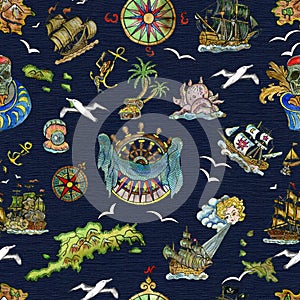 Seamless pattern with pirate adventures concept, treasure islands, old sailing ships, nautical symbols on blue