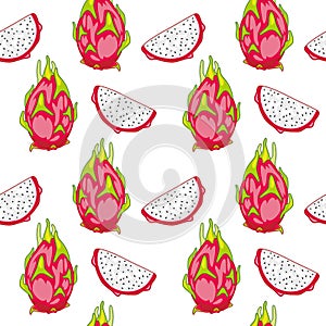Seamless pattern with pitaya dragon fruit isolated on white