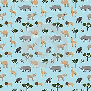 Seamless pattern pixel art safari animals