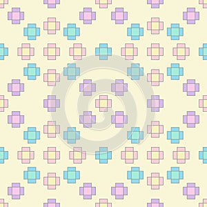 Seamless pattern of a Pixelate Flower 8 Bit in pink, blue, and purple pastel color on yellow background, Vector for fabric,