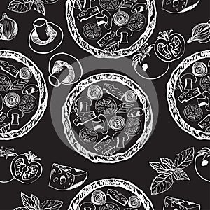 Seamless pattern pizza in graphic style on a black background.