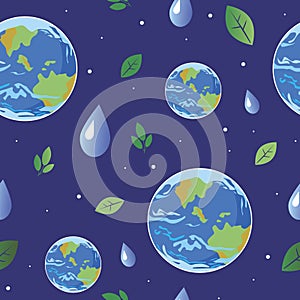 Seamless pattern with planet earth, leaf and a drop of water, Flat vector stock illustration with random objects as a concept of