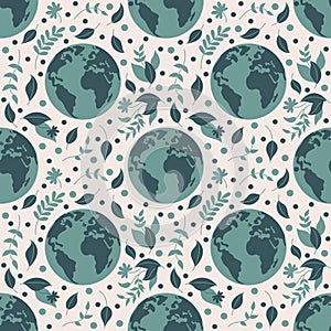 Seamless pattern of a Planet and green leaves.