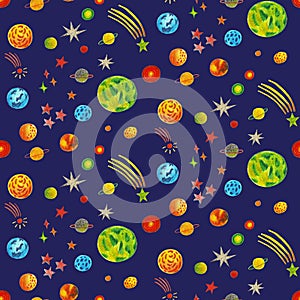 Seamless pattern with planets. Bright illustration with space.