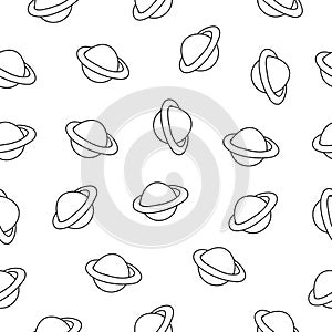 Seamless pattern of planets in doodle style on a white background. Black line