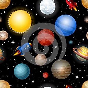 Seamless pattern with planets and rockets