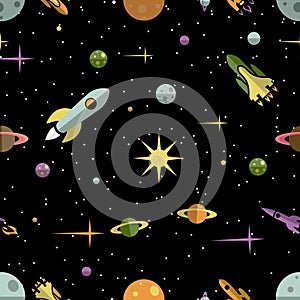 Seamless pattern with planets rockets and stars photo