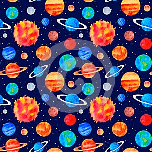 Seamless pattern of planets, solar system on blue background with stars