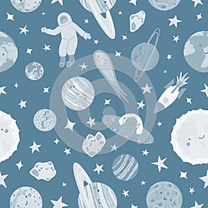 Seamless pattern of the planets of the Solar System in flat style. Pattern with planets and stars. Vector blue background, perfect