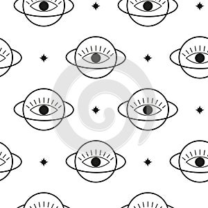 Seamless pattern with planets and third eye.