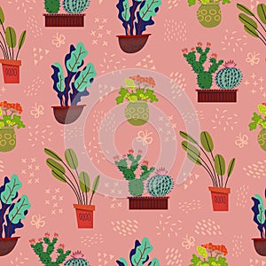 Seamless pattern with plants in pots on pink background. Vector isolated illustration. Cute seamless background. Floral