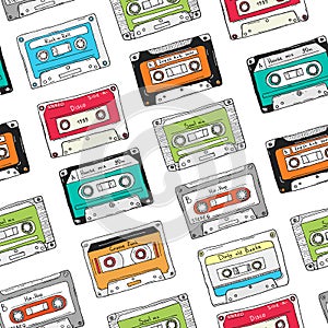 Seamless pattern, plastic cassette, audio tape with different music. Hand drawn colorful background, retro style.