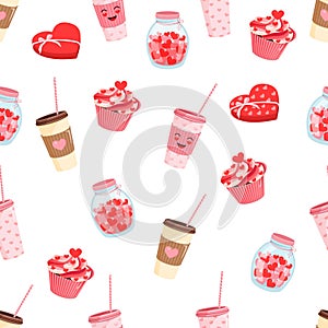 Seamless pattern with a plastic cup of coffee, box of chocolates, jar of hearts and cupcake. Vector illustration of