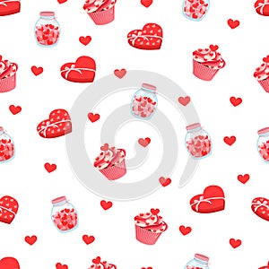 Seamless pattern with a plastic cup of coffee, box of chocolates, jar of hearts and cupcake. Vector illustration of