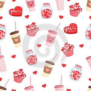 Seamless pattern with a plastic cup of coffee, box of chocolates, jar of hearts and cupcake. Vector illustration of