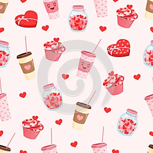 Seamless pattern with a plastic cup of coffee, box of chocolates, jar of hearts and cupcake. Vector illustration of