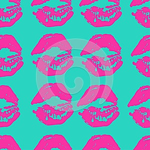 Seamless pattern of plastic pink lipstick prints imprints on turquoise background