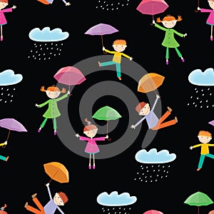 Seamless pattern of playful kids with umbrellas