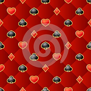 Seamless pattern with playing card suits on burgundy background