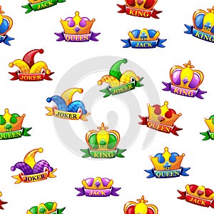 Seamless pattern with Playing cards icons on white background. Vector Poker symbols for casino and GUI graphic. King