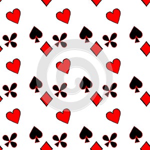 Seamless pattern playing cards suit Bubi, hearts, crosses, blame